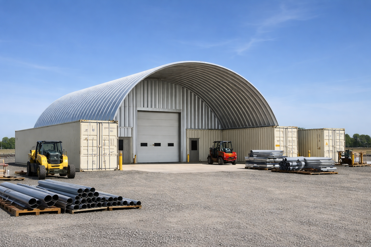 Steel arch container cover building with construction equipment and shipping containers